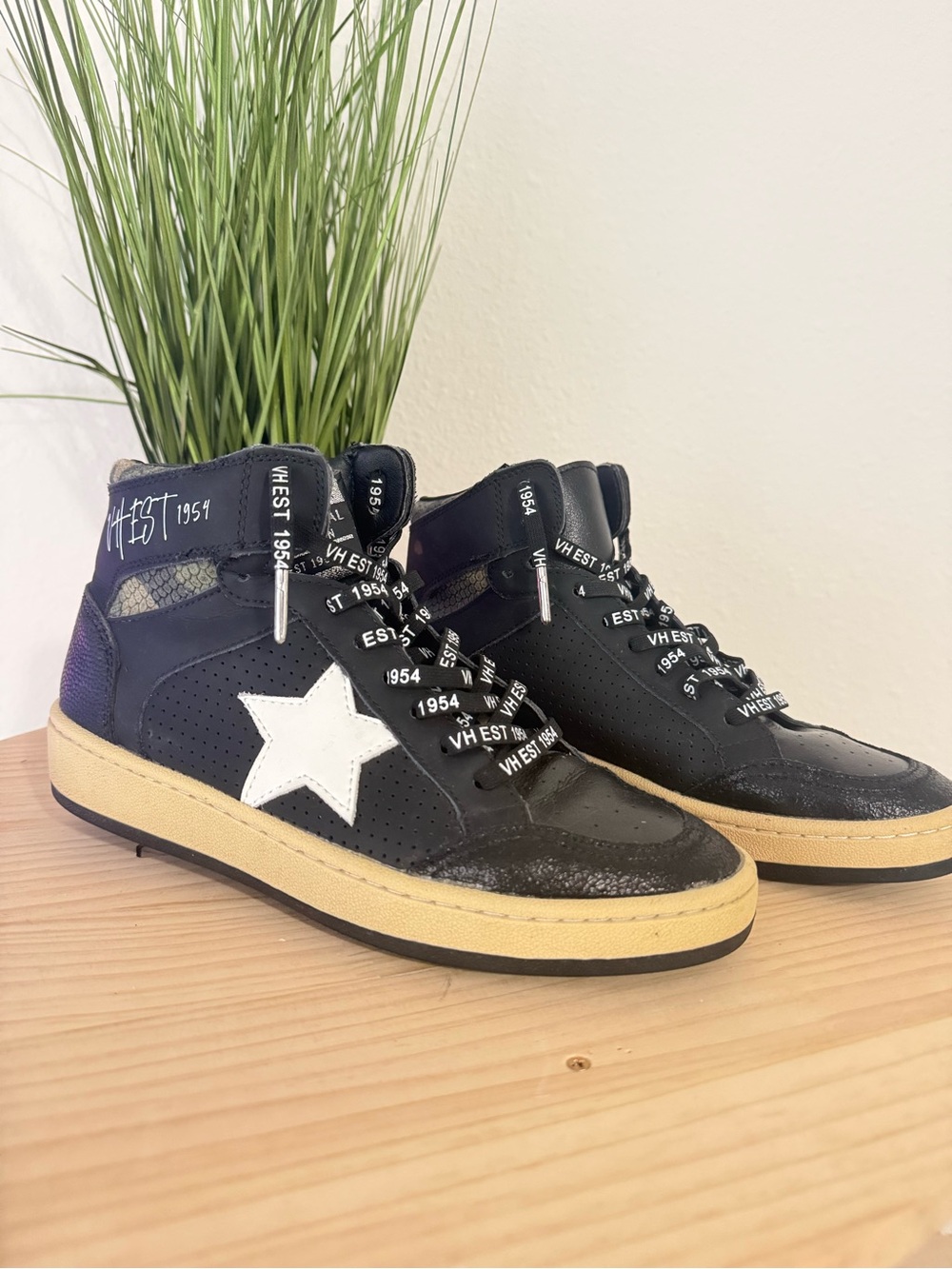 Vintage Havana Black High-Top Sneakers with White Star and Cream Sole